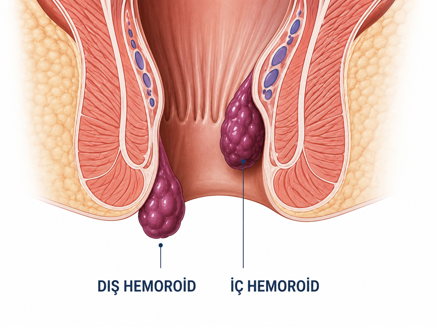 İç ve dış hemoroidin anatomik görünümünü gösteren tıbbi illüstrasyon